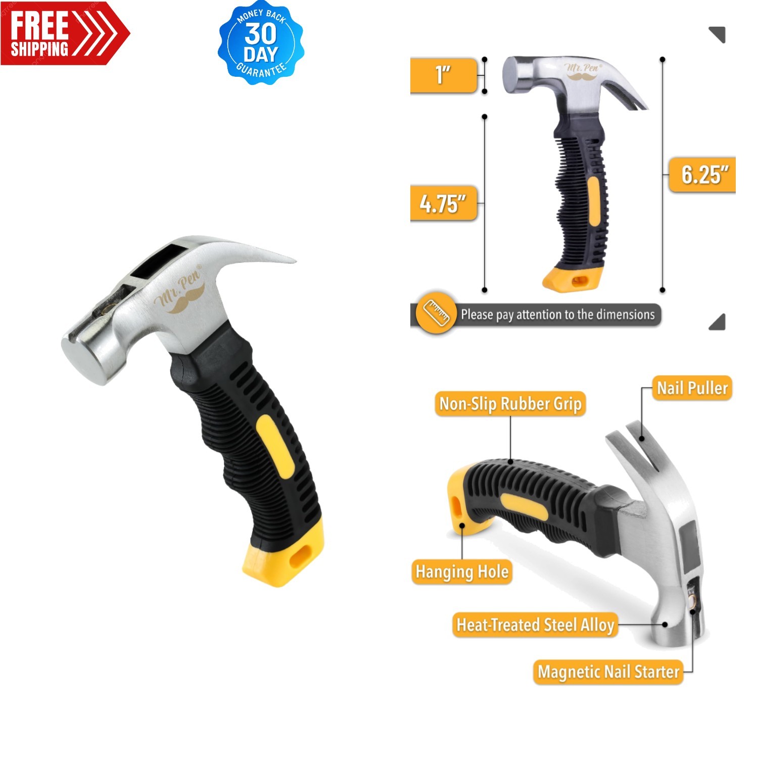 Compact 8oz Yellow Nail Hammer with Magnetic Starter - Perfect for Women