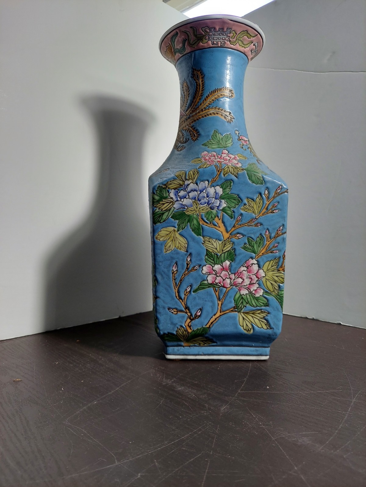 14” Vintage Macau Chinese Porcelain Hand-Painted Famille Rose Vase Squared 14” Vintage Macau Chinese Porcelain Hand-Painted Famille Rose Vase Squared