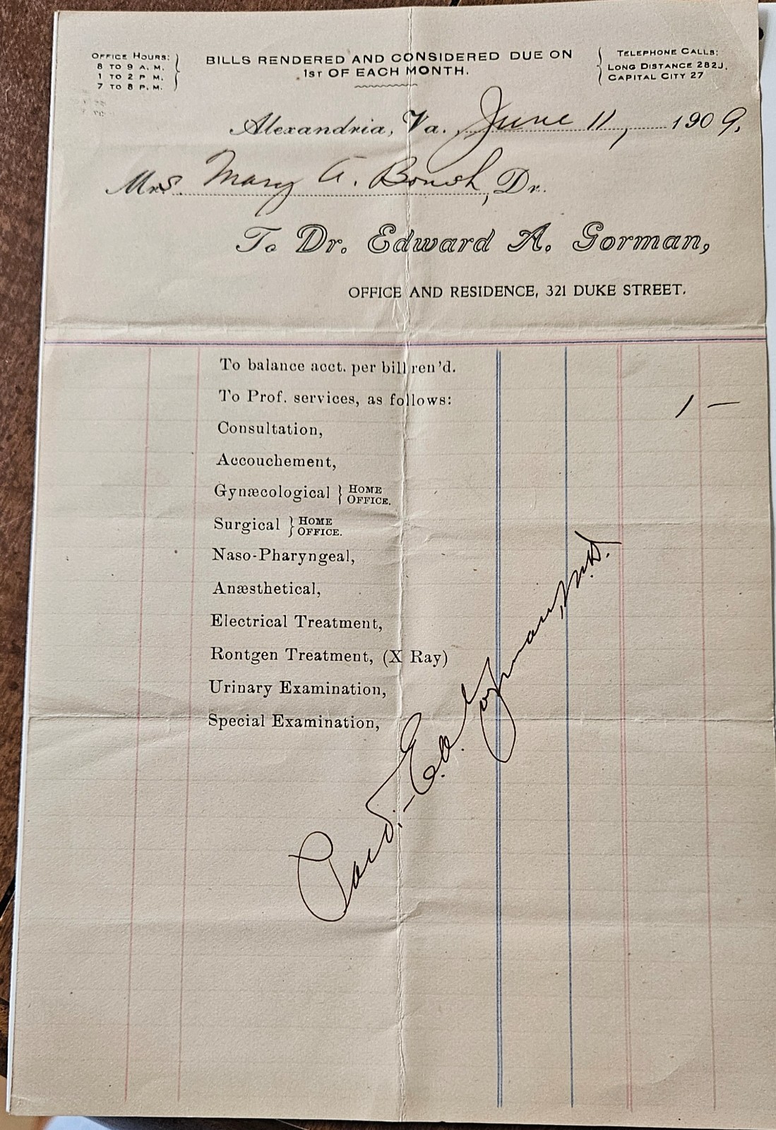 Antique 1909 Alexandria VA Medical Billhead Receipt Dr Edward Gorman 321 Duke S Antique 1909 Alexandria VA Medical Billhead Receipt Dr Edward Gorman 321 Duke S