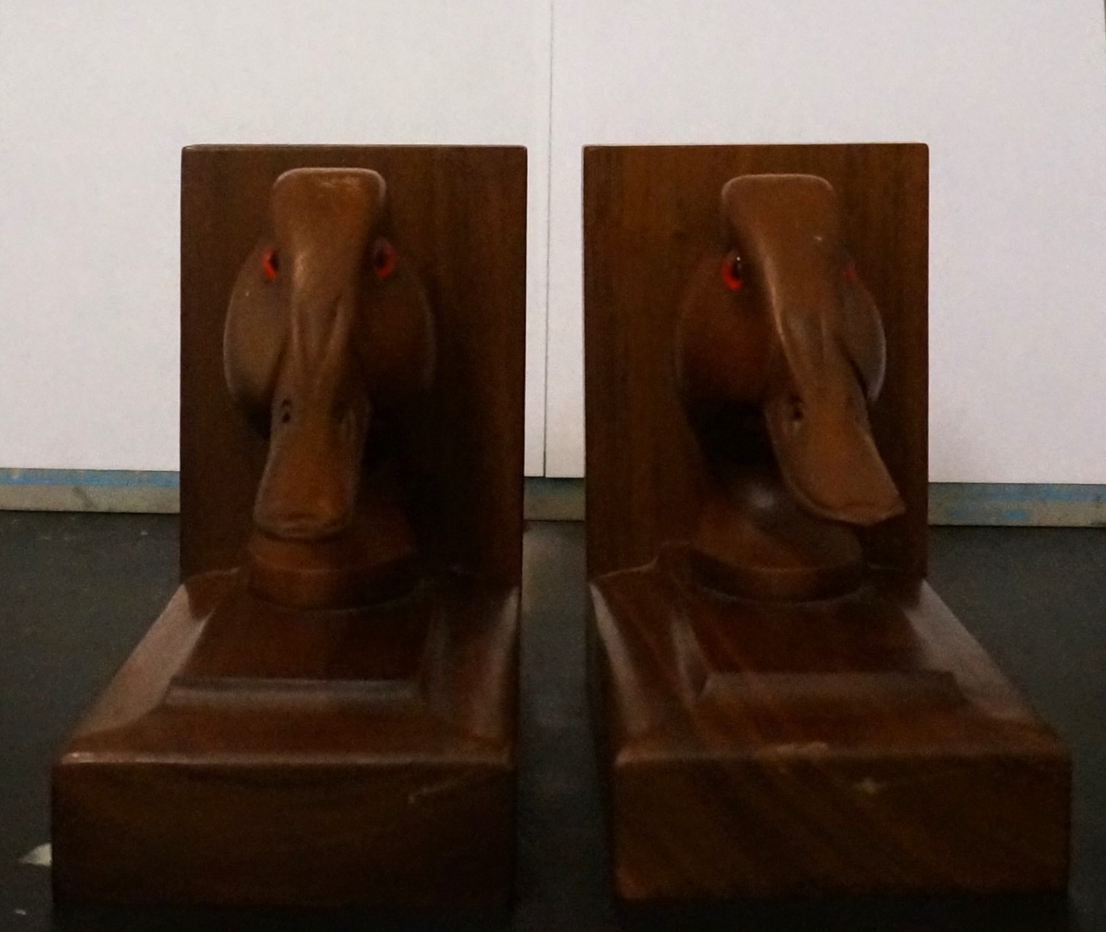 Parke Davis Hand Carved and Stained Mallard Head Duck Wood Bookends