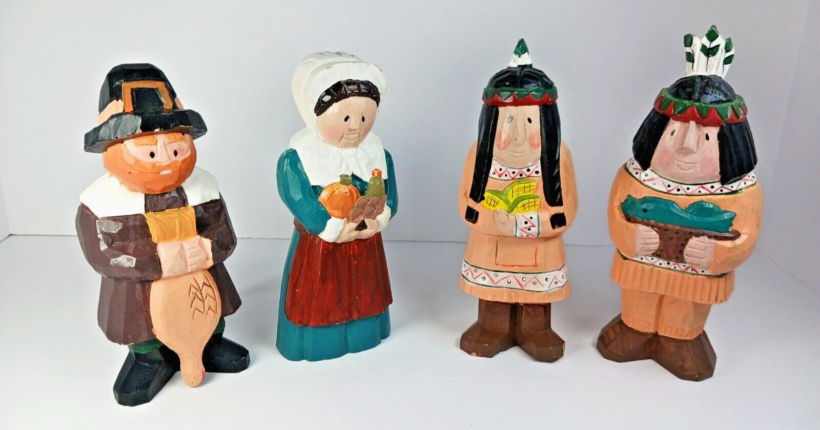 ​Vtg Hand Carved Wood Primitive Pilgrim Native American Figures Thanksgiving Set
