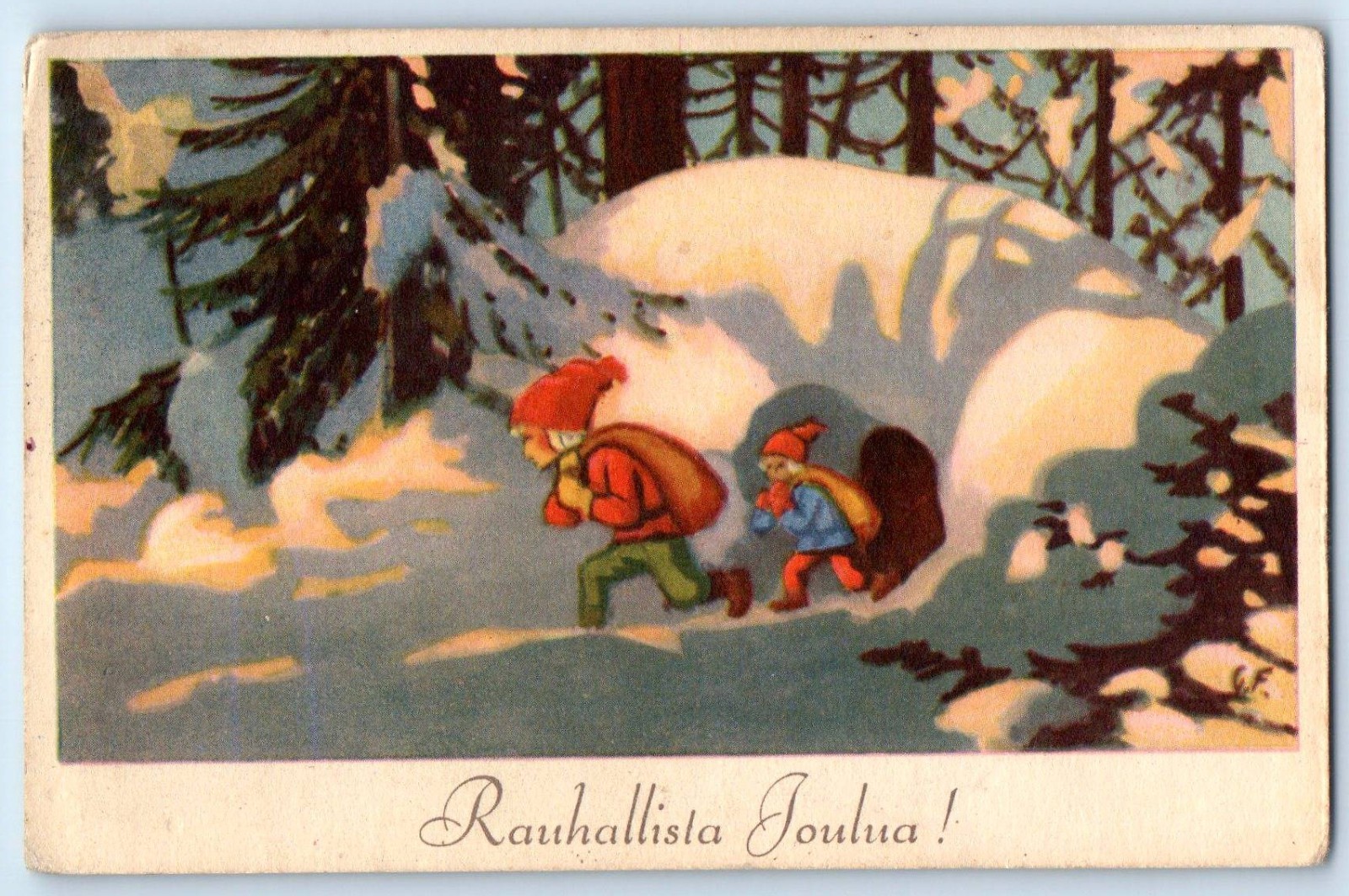 c1910's Christmas Elf Gnome On Winter Scene Pine Trees Antique Posted Postcard