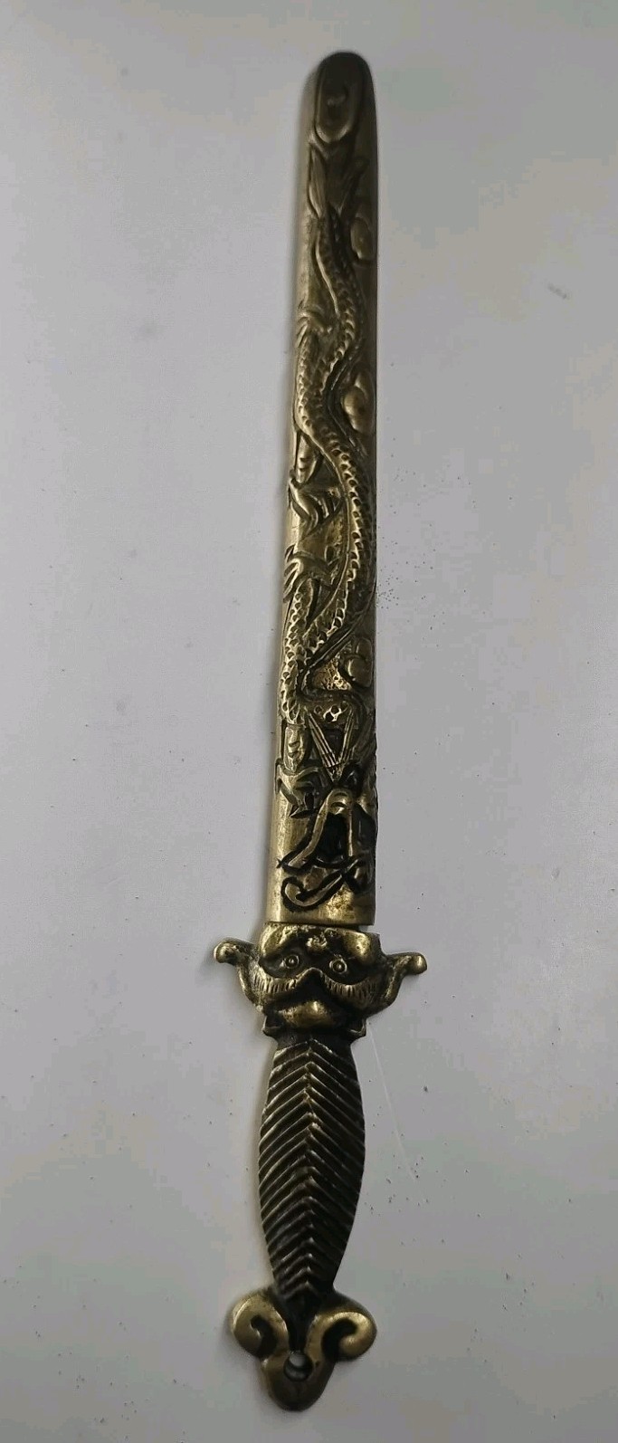 Vintage Ornate Metal Heavy Brass Letter Opener With Sheath Very Rare and Unique