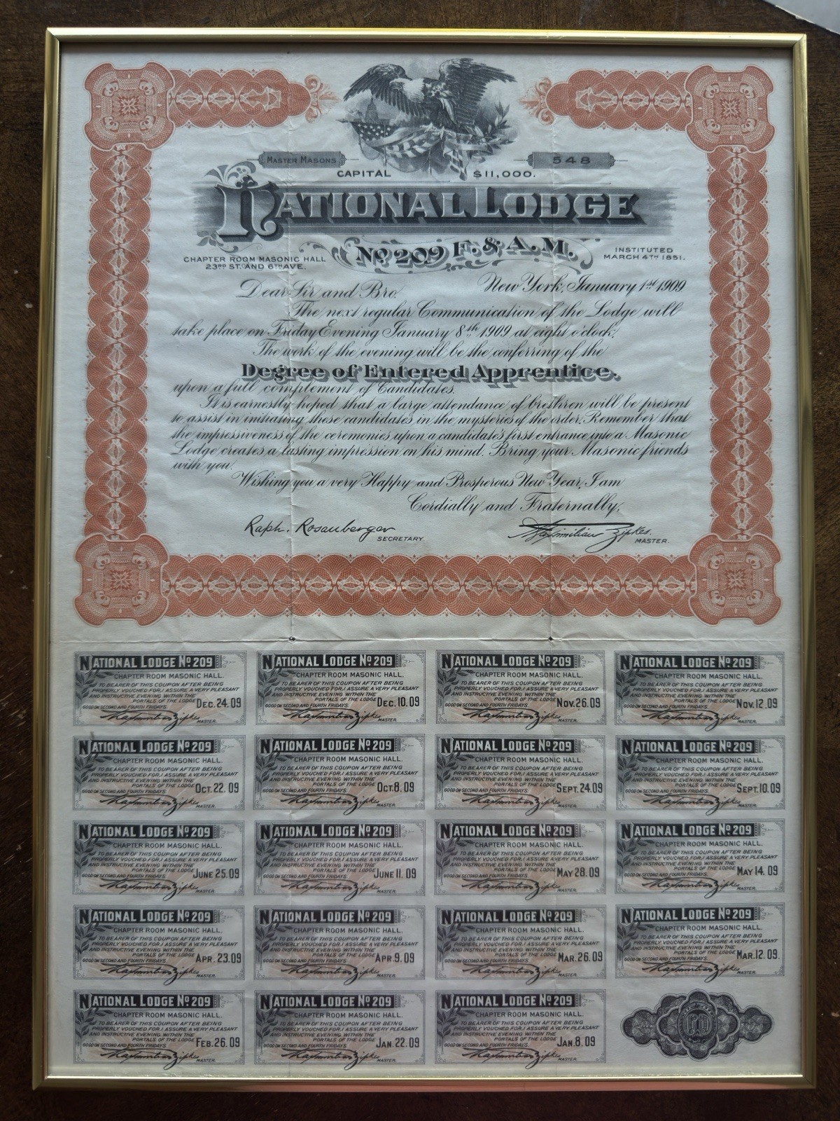 1909 Masonic Certificate National Lodge #209 NY – Framed Freemason Document