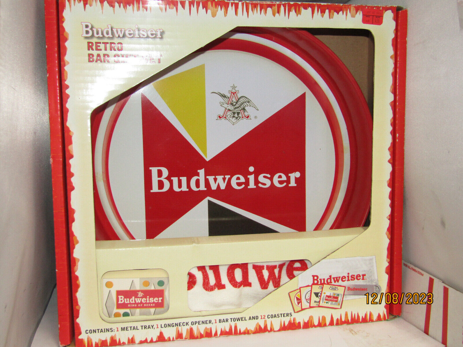 Budweiser 2008 Retro Bar Gift Box Set Coasters Towel Bottle Opener