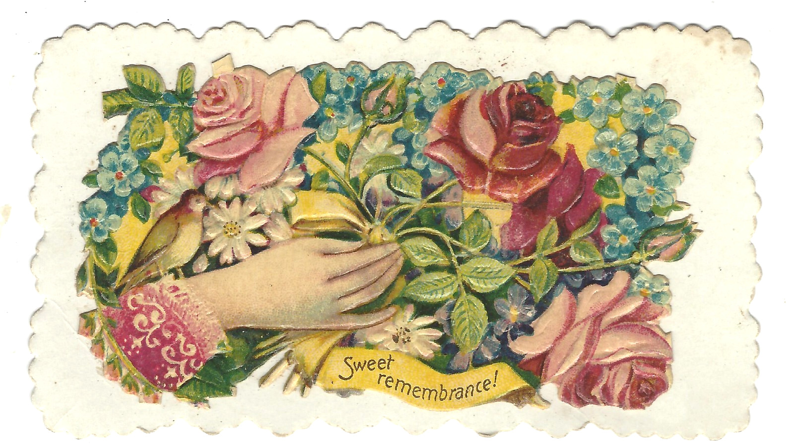 VTG Victorian Embossed Die Cut Card Tag Sweet Remembrance Handing A Bouquet Rose VTG Victorian Embossed Die Cut Card Tag Sweet Remembrance Handing A Bouquet Rose
