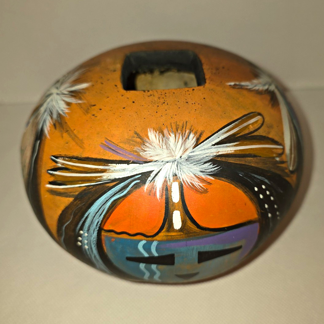 Vintage SAHMIE Signed Native American Painted Gourd Pot Vessel Hopi Tewa Art