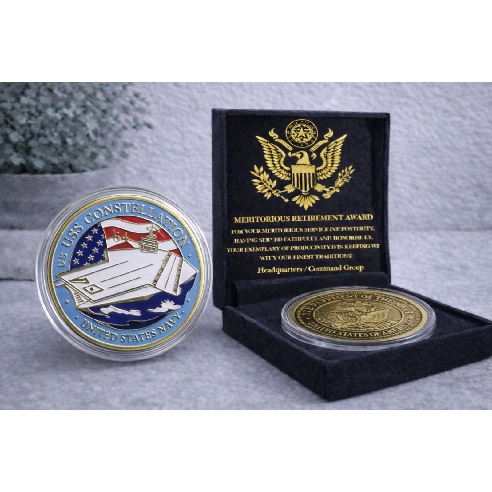 US NAVY USS CONSTELLATION CV-64 With Velvet Case w/ Retirement Award