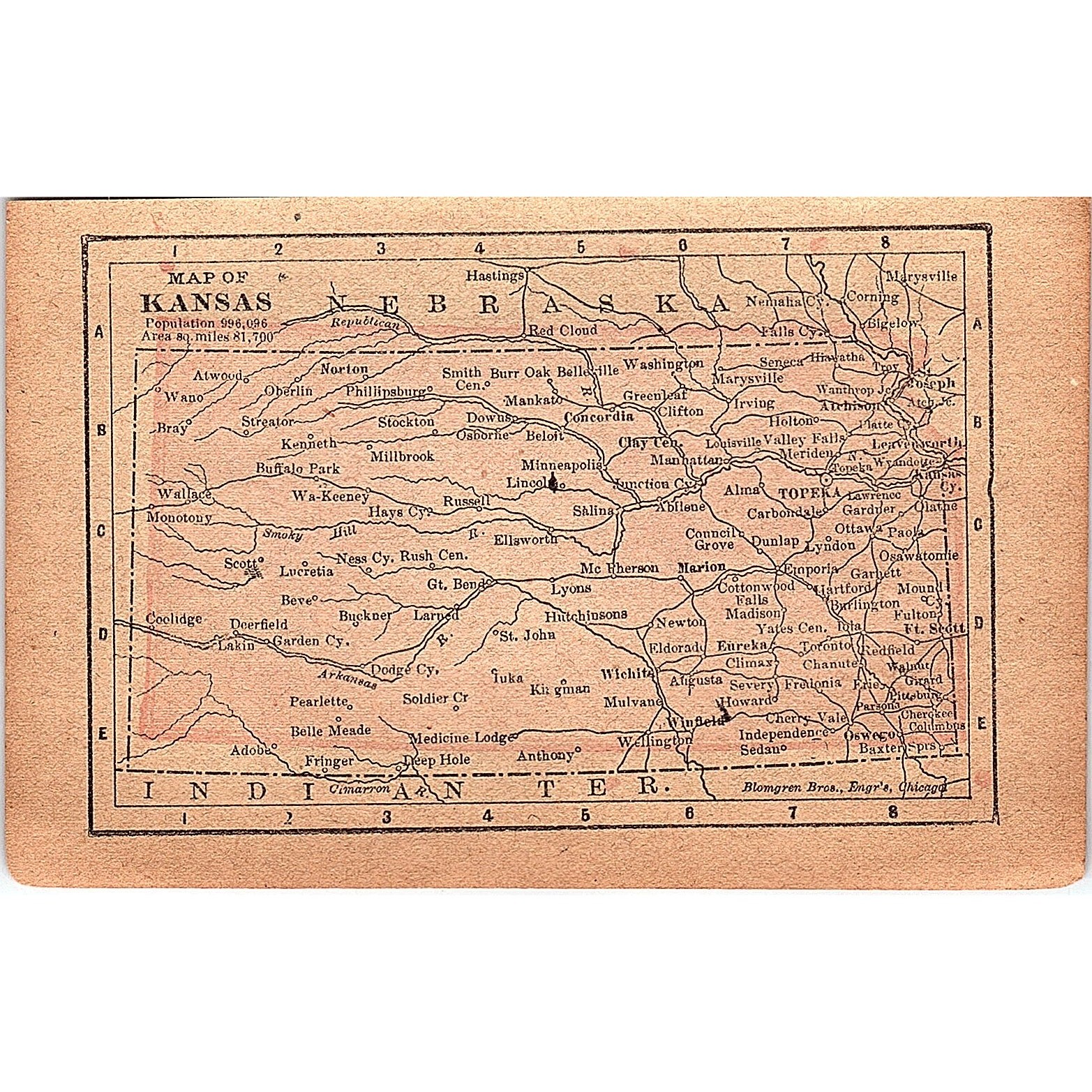 Antique 1889 Map of Kansas 1889 Pocket Map Engraving SAG4-H3