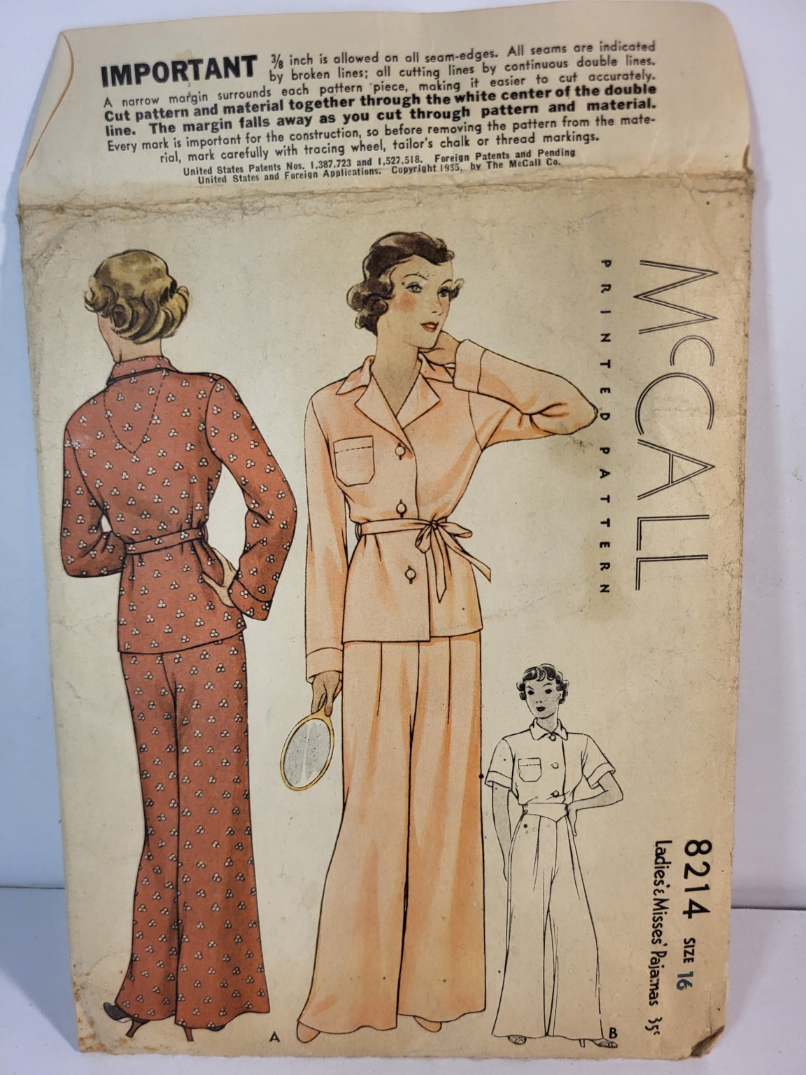 1935 McCall 8214 Ladies Pajamas Sewing Pattern Size 16 Bust 34 Vintage 1930s