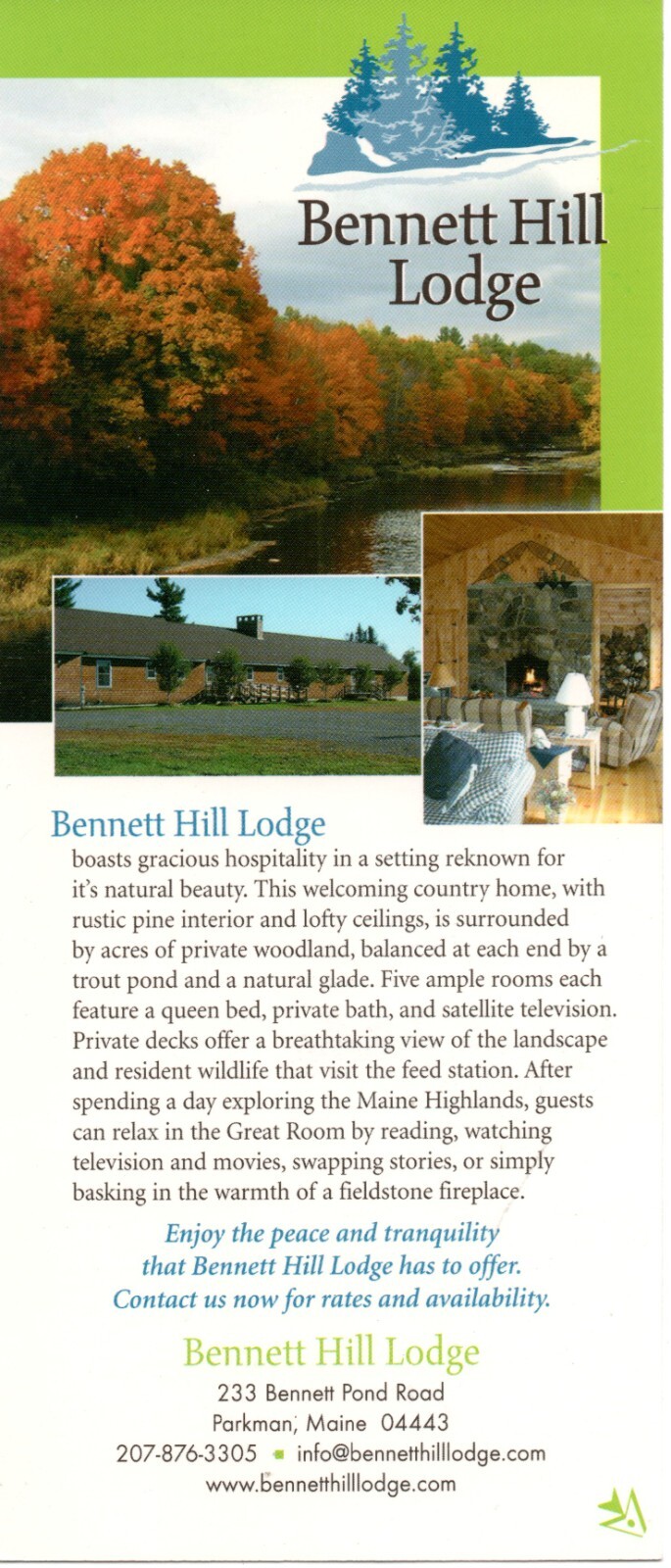 Travel Rack Card, Bennett Hill Lodge, Parkman, Maine c2019 Maine Highlands Travel Rack Card, Bennett Hill Lodge, Parkman, Maine c2019 Maine Highlands