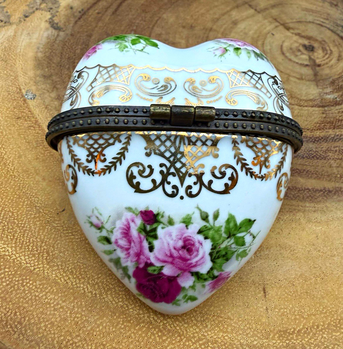 Vintage Limoges-Style Oval Rose Floral Porcelain Hinged Trinket Box