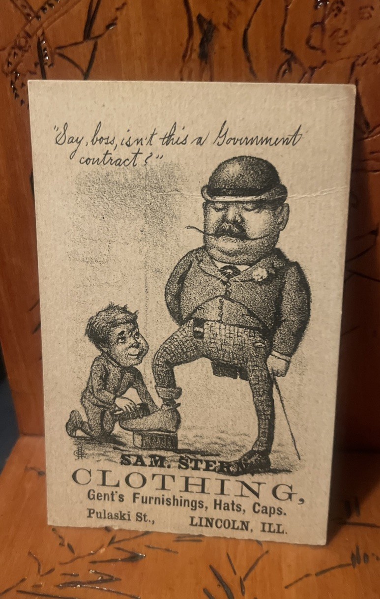 1880 Victorian Trade Card Sam Stern Gents Hats Caps Lincoln IL Political Satire 1880 Victorian Trade Card Sam Stern Gents Hats Caps Lincoln IL Political Satire