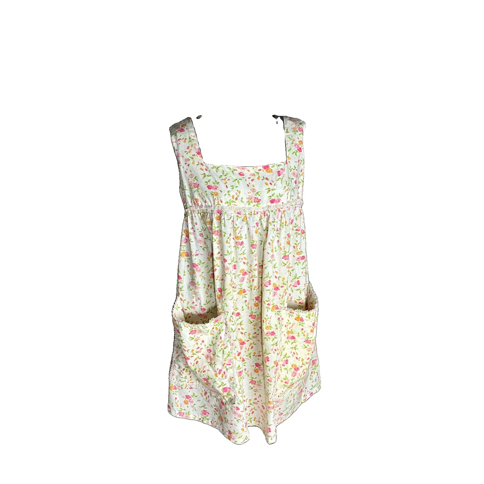 VTG Floral Bib Apron Pockets Back Tie Pink Yellow Women O/S Cottagecore Coquette VTG Floral Bib Apron Pockets Back Tie Pink Yellow Women O/S Cottagecore Coquette