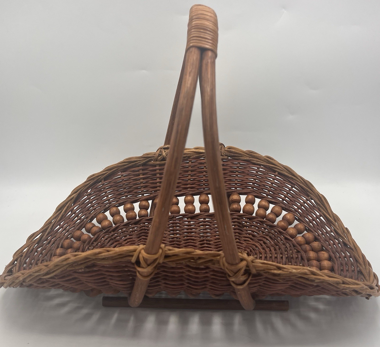 Vintage Wicker Rattan Foraging Basket Wooden Beads Reinforced Bottom.Philippines