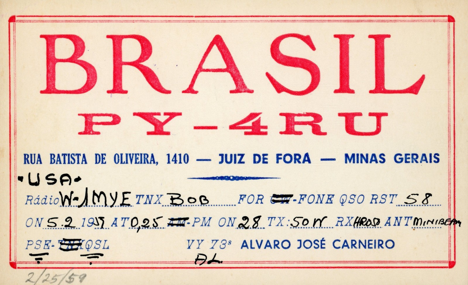Vintage Amateur Radio QSL Postcard, 1959, PY4RU, Juiz de Fora, Brasil Vintage Amateur Radio QSL Postcard, 1959, PY4RU, Juiz de Fora, Brasil