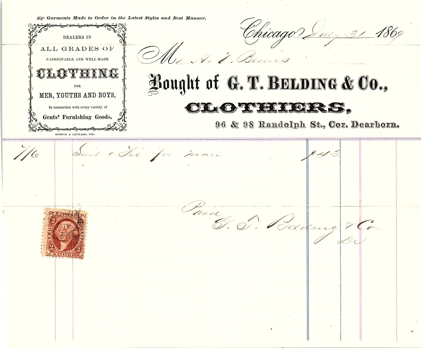 1869 Chicago clothing billhead w/ 2c revenue stamp