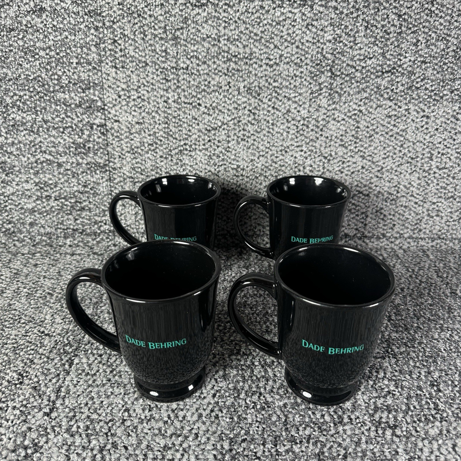 Dade Behring Black Coffee Mugs Set of 4 Green Logo Corporate Promo Norwood Dade Behring Black Coffee Mugs Set of 4 Green Logo Corporate Promo Norwood