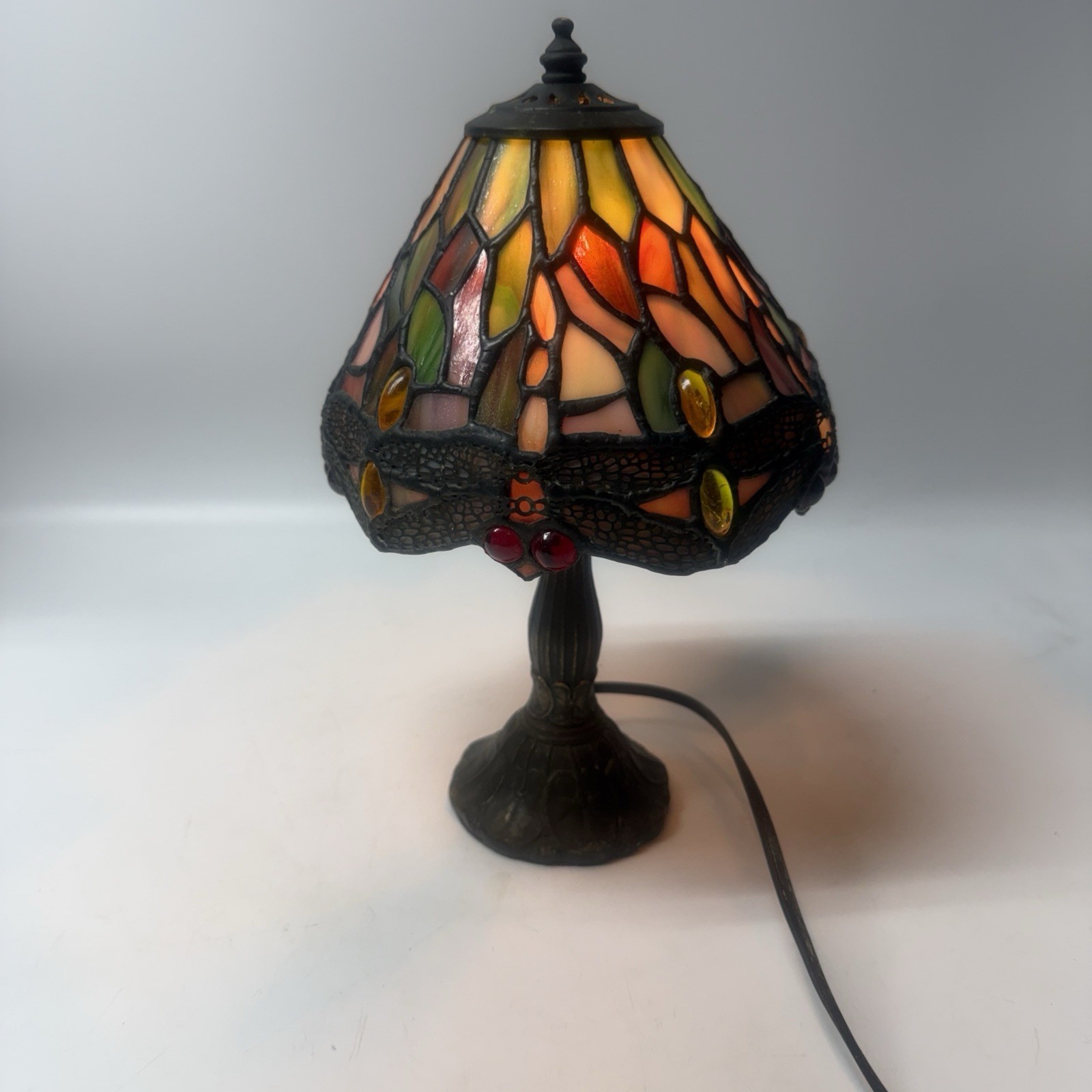 Vintage Tiffany Style Stained Glass Dragonfly Table Accent Hall Lamp 10” Tested