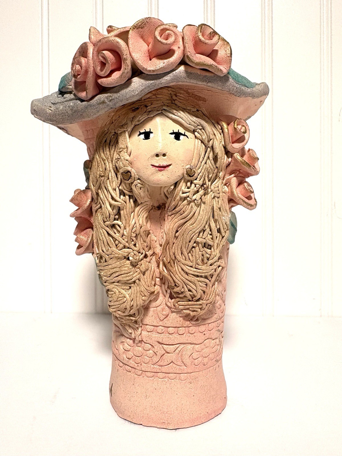 Ann Shamash Pottery Vase Girl Floral Hat Judaica Jewish Artist Ann Shamash Pottery Vase Girl Floral Hat Judaica Jewish Artist
