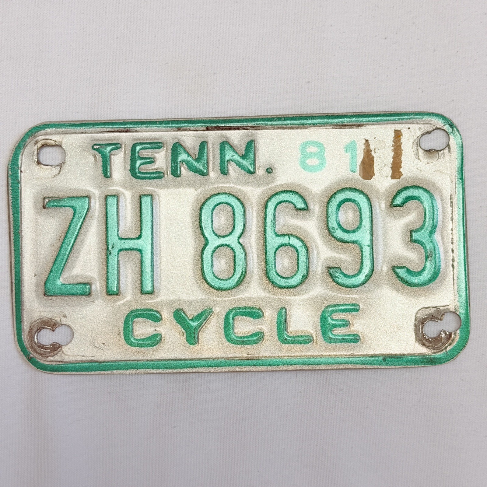 Vintage 1981 Tennessee Motorcycle License Plate Tag CYCLE ZH 8693 Man Cave Decor