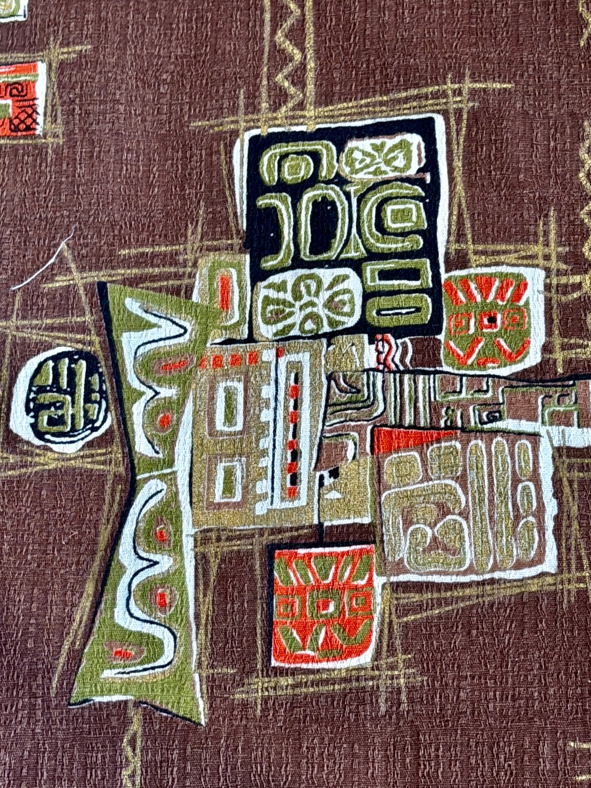 Choco Tangerine TIKI Hawaiian Mid Century Barkcloth Vintage Fabric Drape Curtain Choco Tangerine TIKI Hawaiian Mid Century Barkcloth Vintage Fabric Drape Curtain