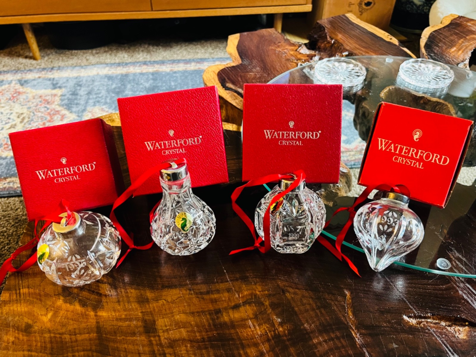 (4) Vintage Waterford Annual Crystal Ornaments BOXED