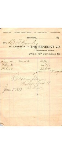 Benedict Co. Billhead Baltimore MD Importers Refiners 1899 Maryland History Benedict Co. Billhead Baltimore MD Importers Refiners 1899 Maryland History