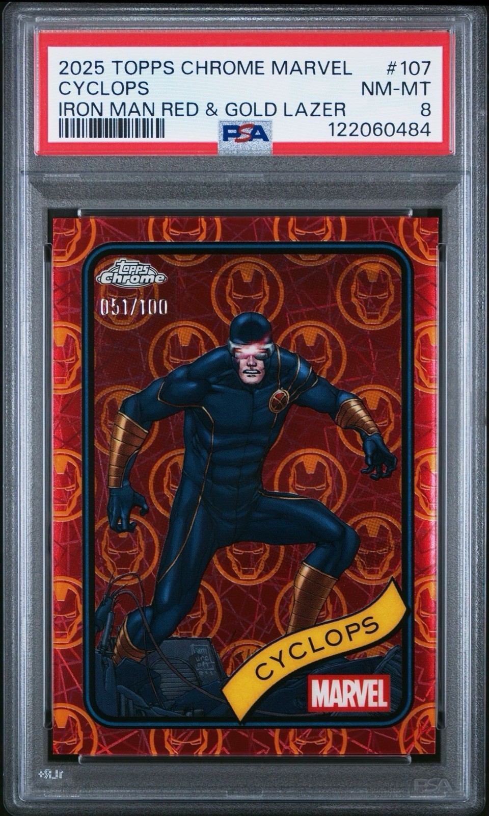2025 Topps Chrome Marvel Cyclops Iron Man Red & Gold Lazer #/100 PSA 8