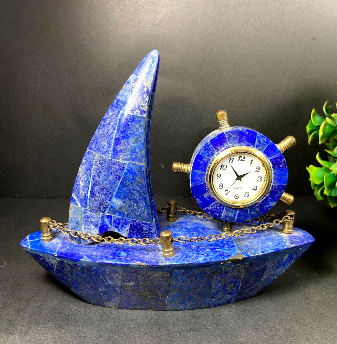 Handmade natural lapis lazuli boat clock stone decor, Desk clock analog antique
