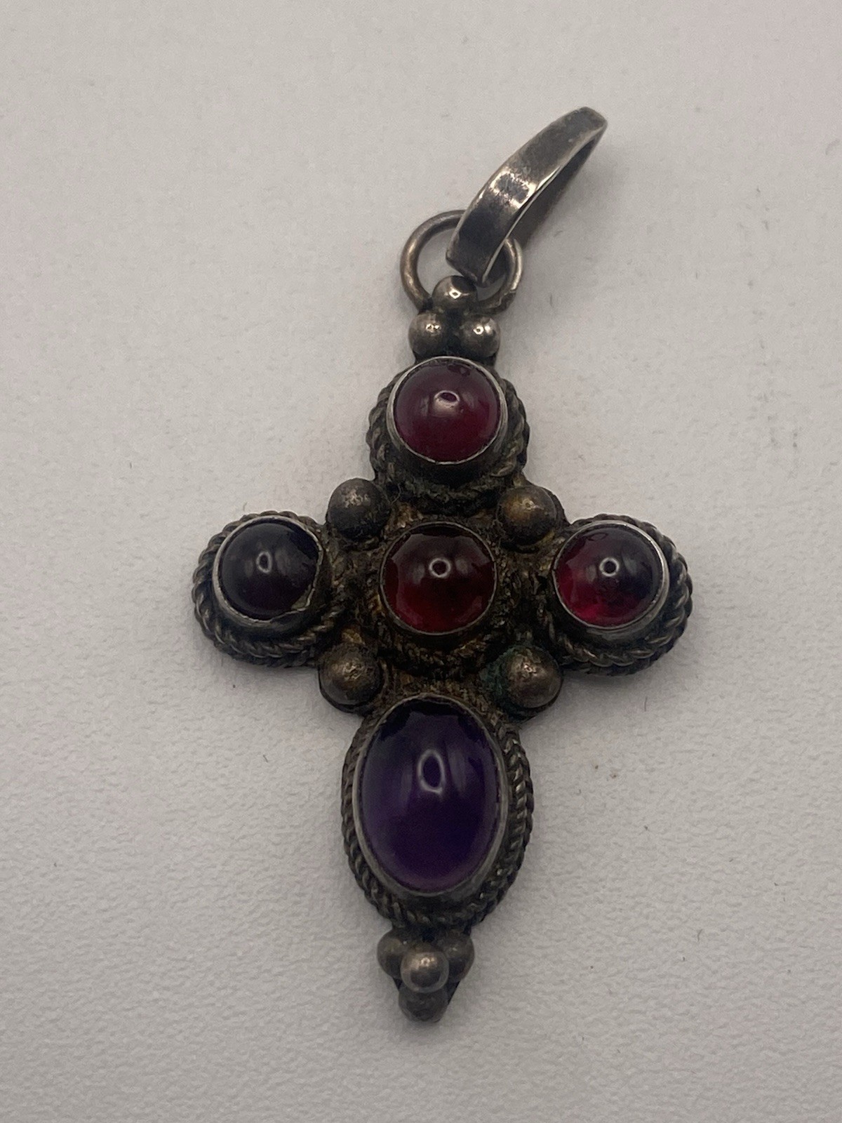 Handcrafted Sterling Silver Cross Pendant Accent With Cabochon Garnet Amethyst Handcrafted Sterling Silver Cross Pendant Accent With Cabochon Garnet Amethyst