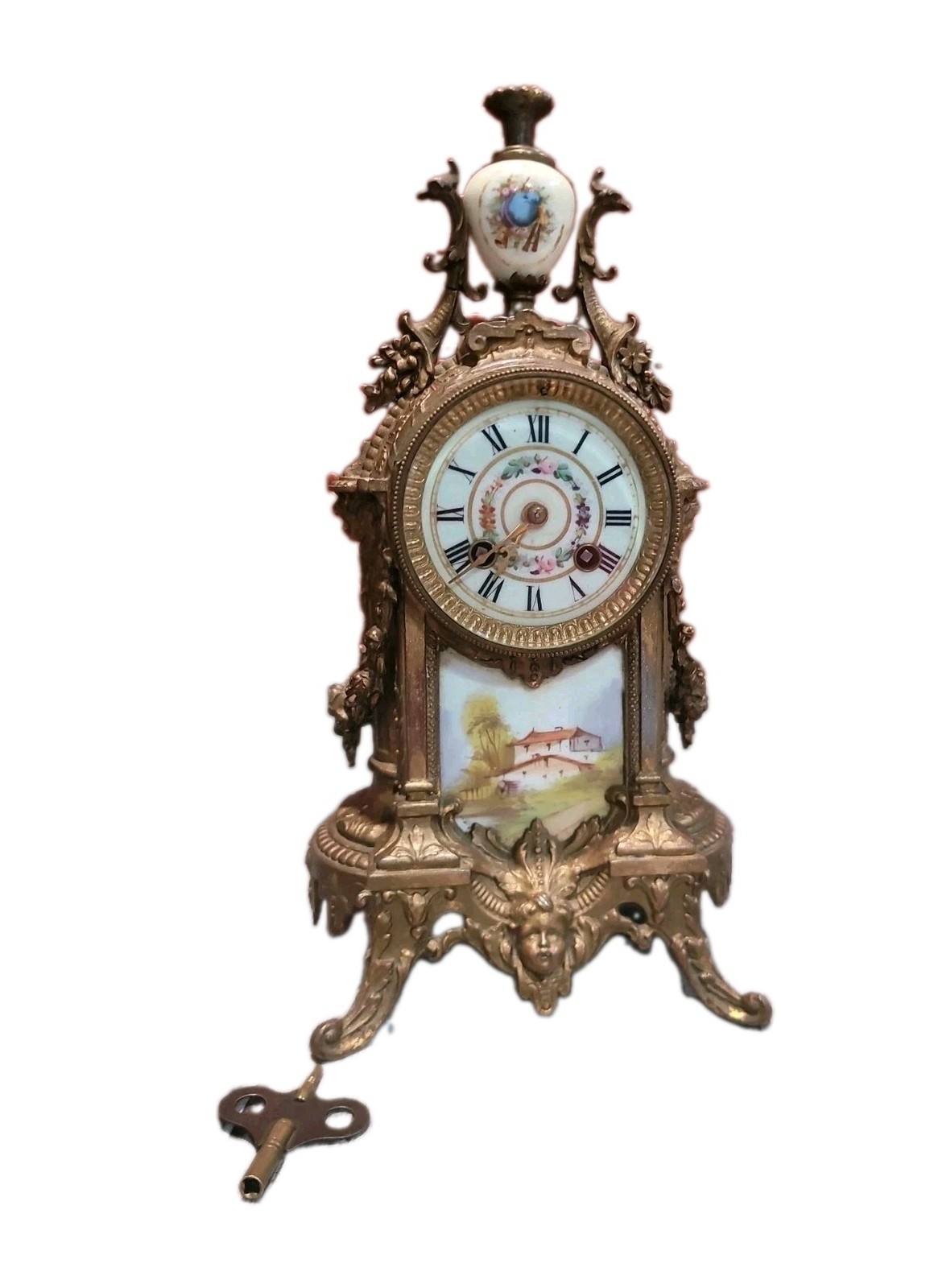 Antique French Samuel Marti Mantel Clock Spelta Case Porcelain Landscape W/Key Antique French Samuel Marti Mantel Clock Spelta Case Porcelain Landscape W/Key