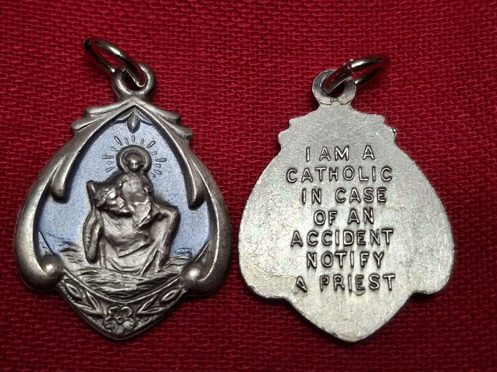 Vintage St Christopher medal Blue Enameled NEW 1960s Catholic Call A Priest Vintage St Christopher medal Blue Enameled NEW 1960s Catholic Call A Priest