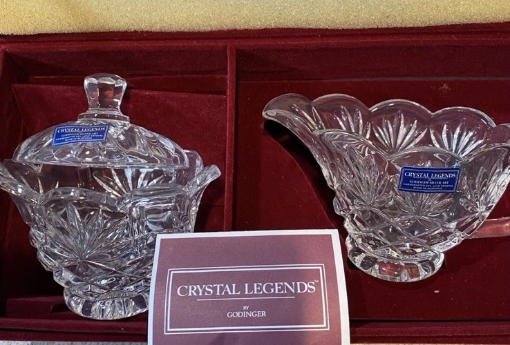 Crystal Legends By Godinger Cream & Sugar Set w/ Tray | In A Velvet Case | NEW