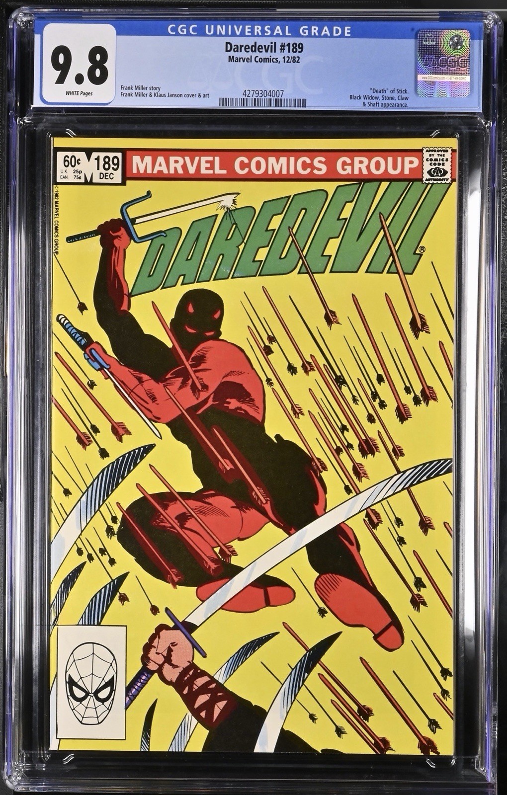 Daredevil #189 CGC 9.8 White Pages, 1982 MCU App Black Widow Death of Stick Daredevil #189 CGC 9.8 White Pages, 1982 MCU App Black Widow Death of Stick