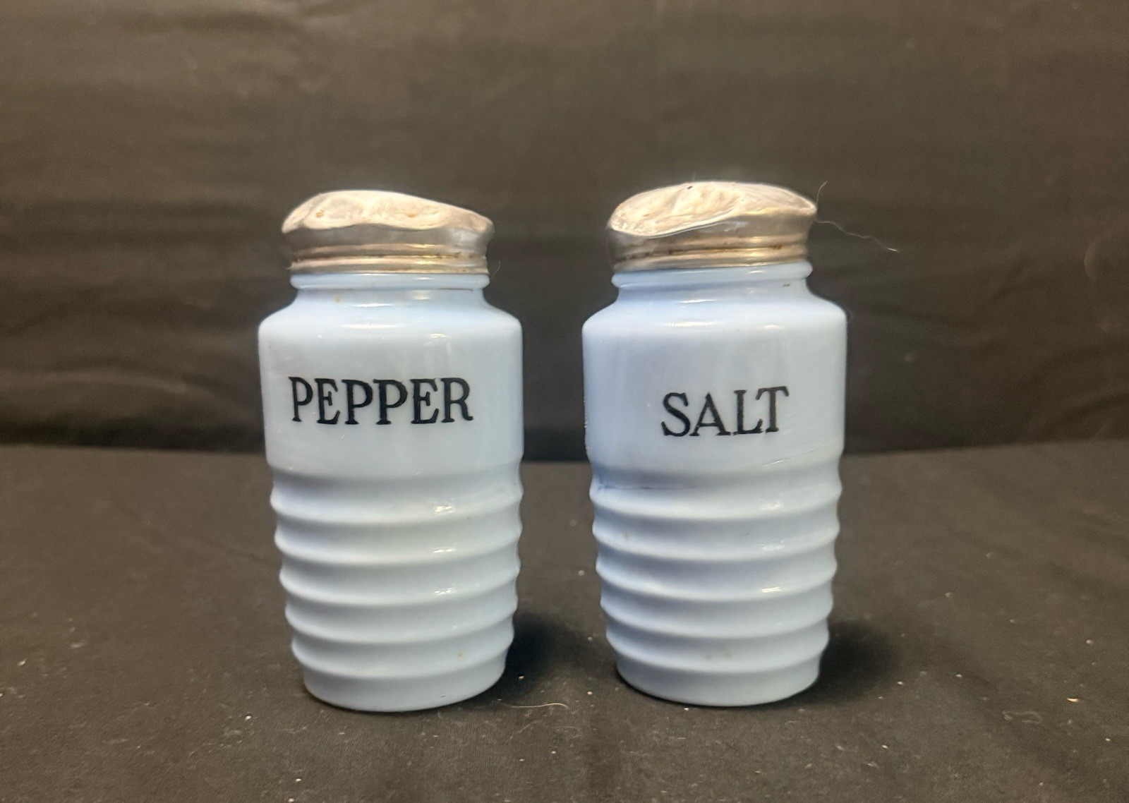 Vtg. 1930s Jeanette Glass Delphite Blue Beehive Ribbed Salt and Pepper Shakers