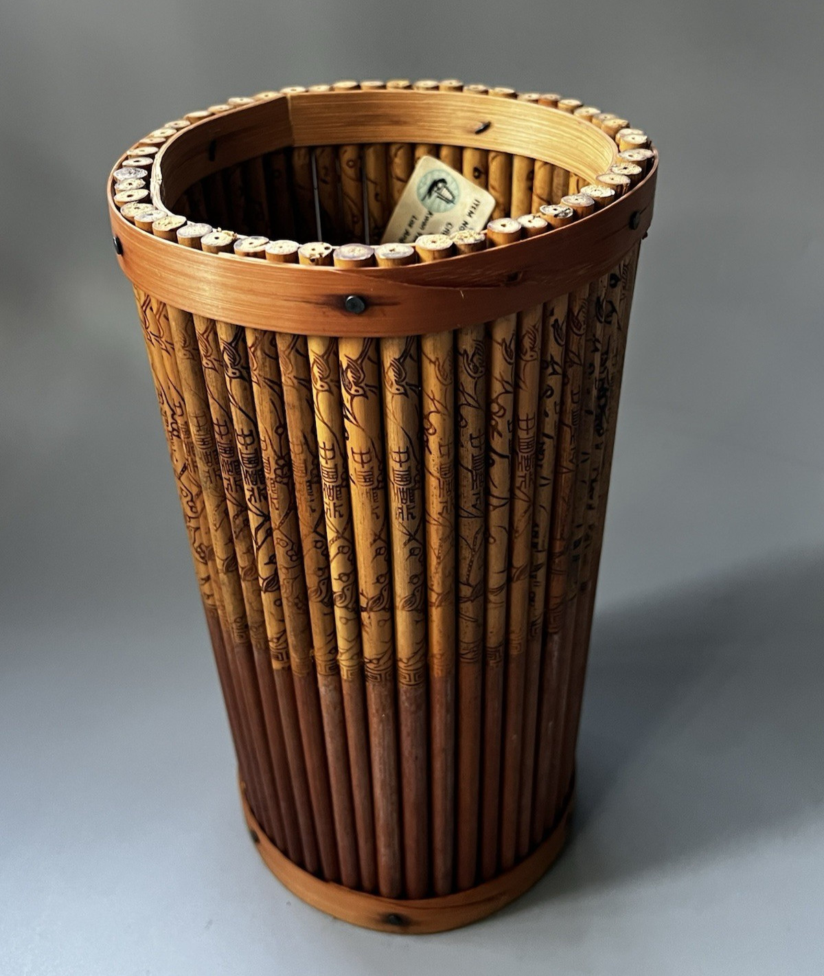 Vtg Kwan Yuen Bamboo Umbrella Stand Pyrography Etched Basket Planter Los Angeles Vtg Kwan Yuen Bamboo Umbrella Stand Pyrography Etched Basket Planter Los Angeles