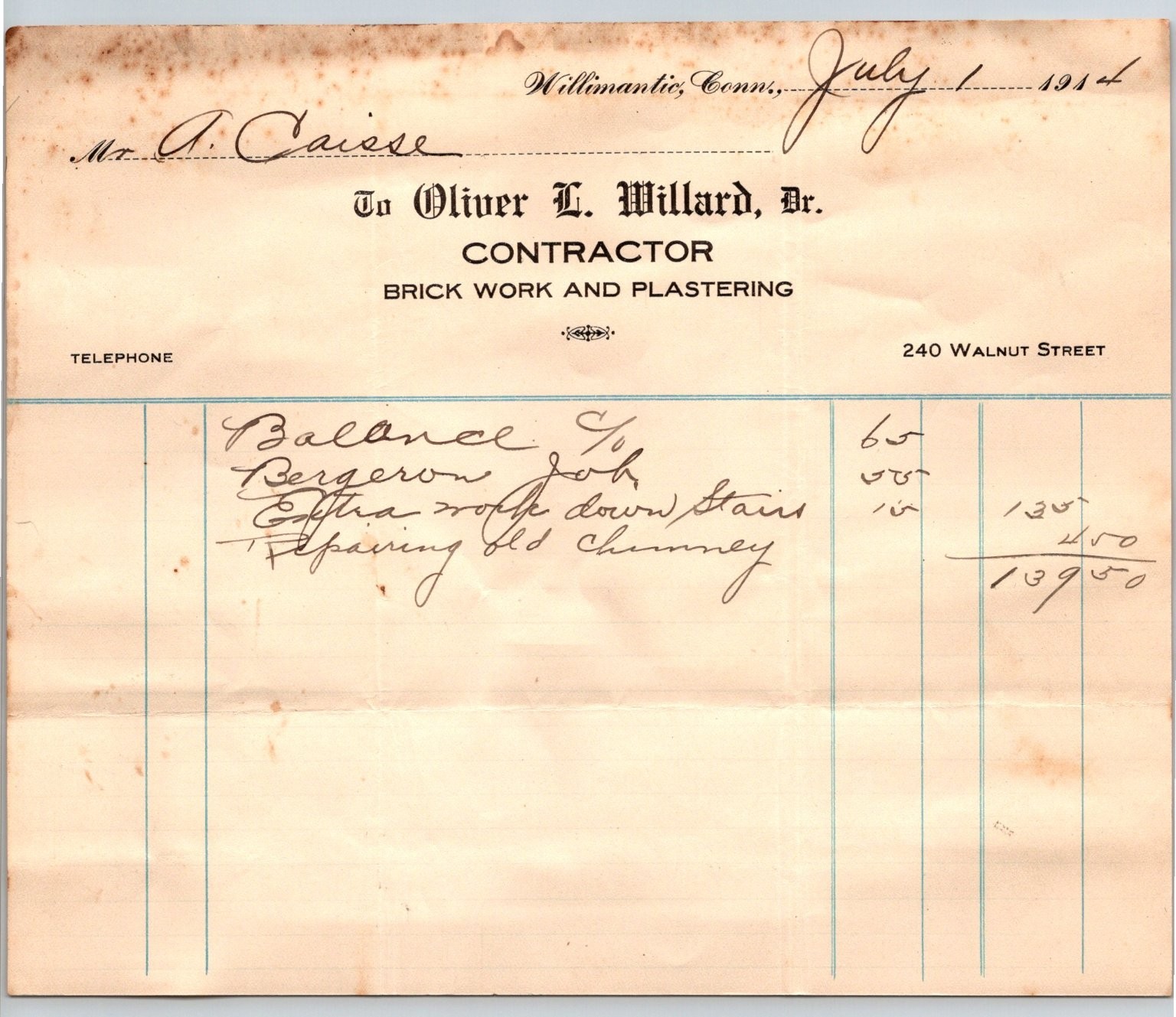 1914 Willimantic CT Contractor Invoice Oliver L. Willard Brick Work Ephemera 1914 Willimantic CT Contractor Invoice Oliver L. Willard Brick Work Ephemera