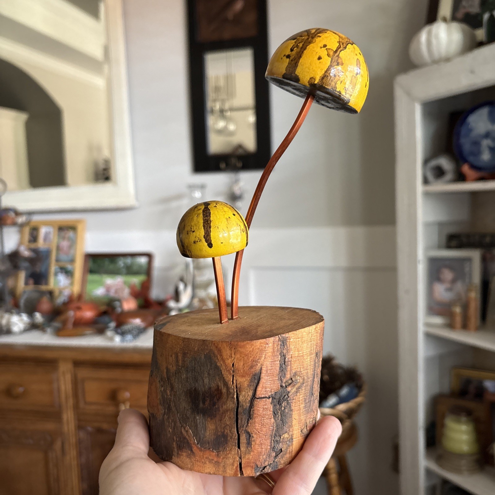 Vtg Brutalist Enameled Copper & Wood Mushroom Sculpture MCM 8.5”