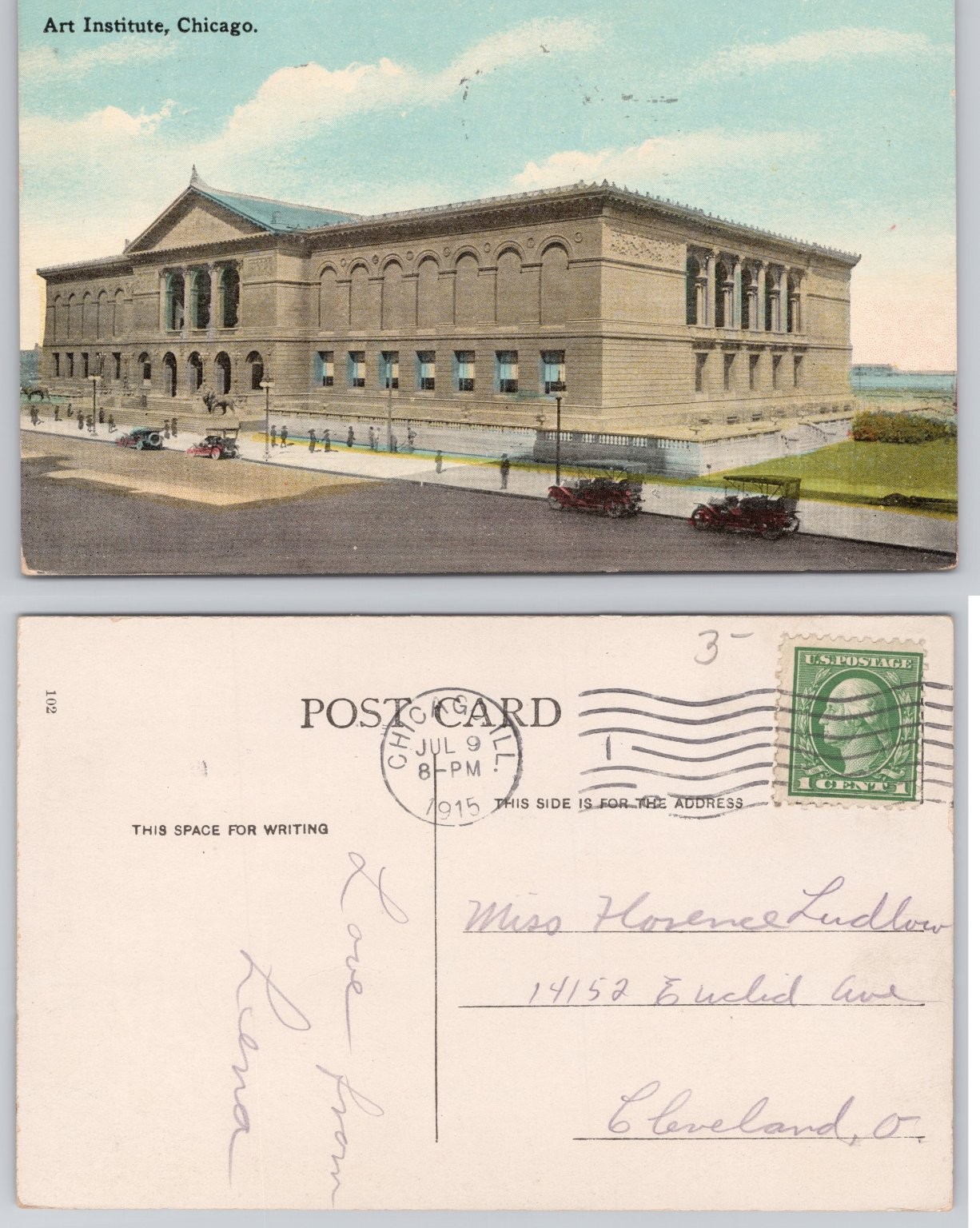 1915 Art Institute Chicago Postcard Vintage Auto Cars Illinois Architecture