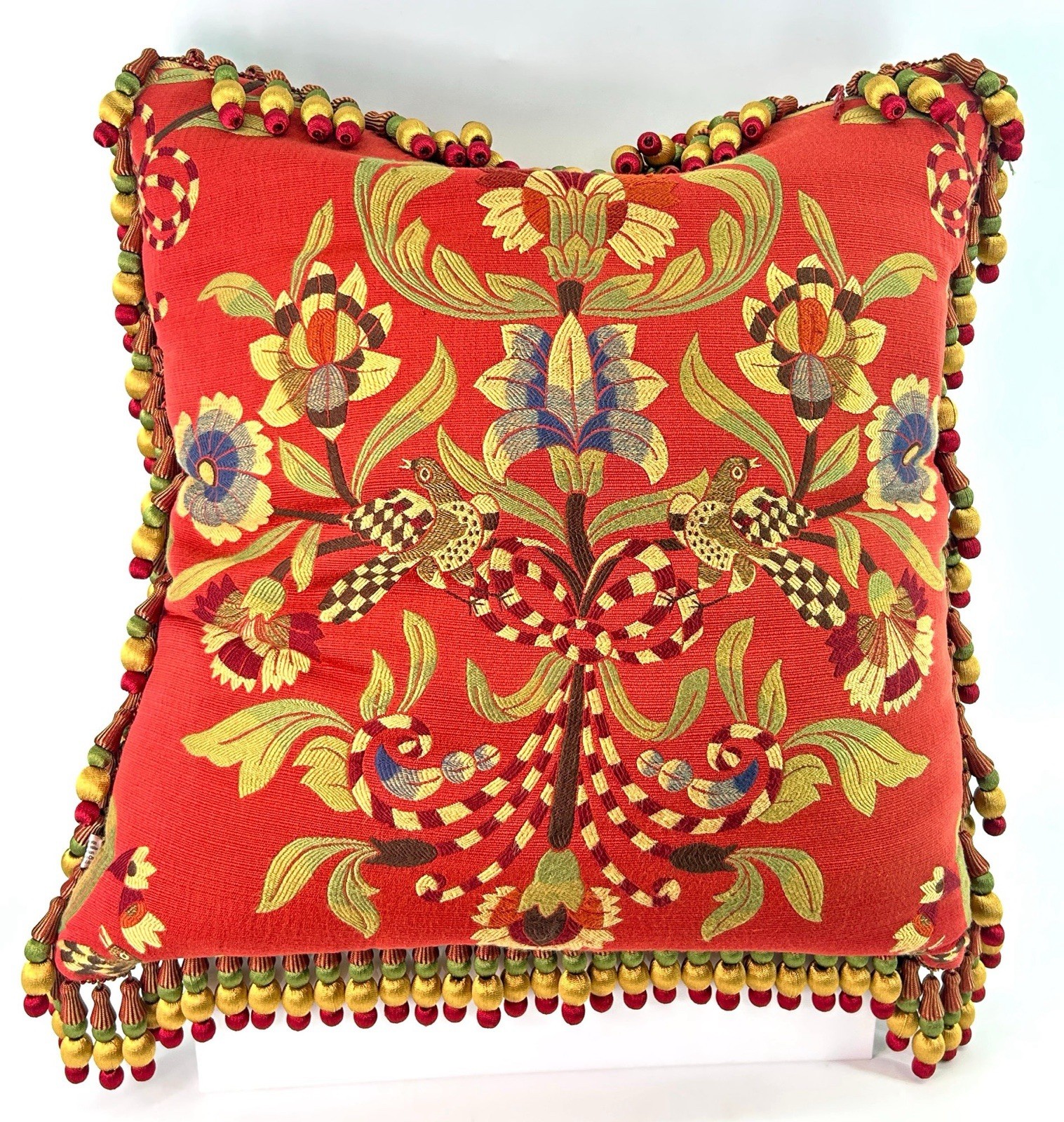 Vintage Mackenzie Childs Down Filled Pillow Bird Tapestry With Tassels Rare Vintage Mackenzie Childs Down Filled Pillow Bird Tapestry With Tassels Rare