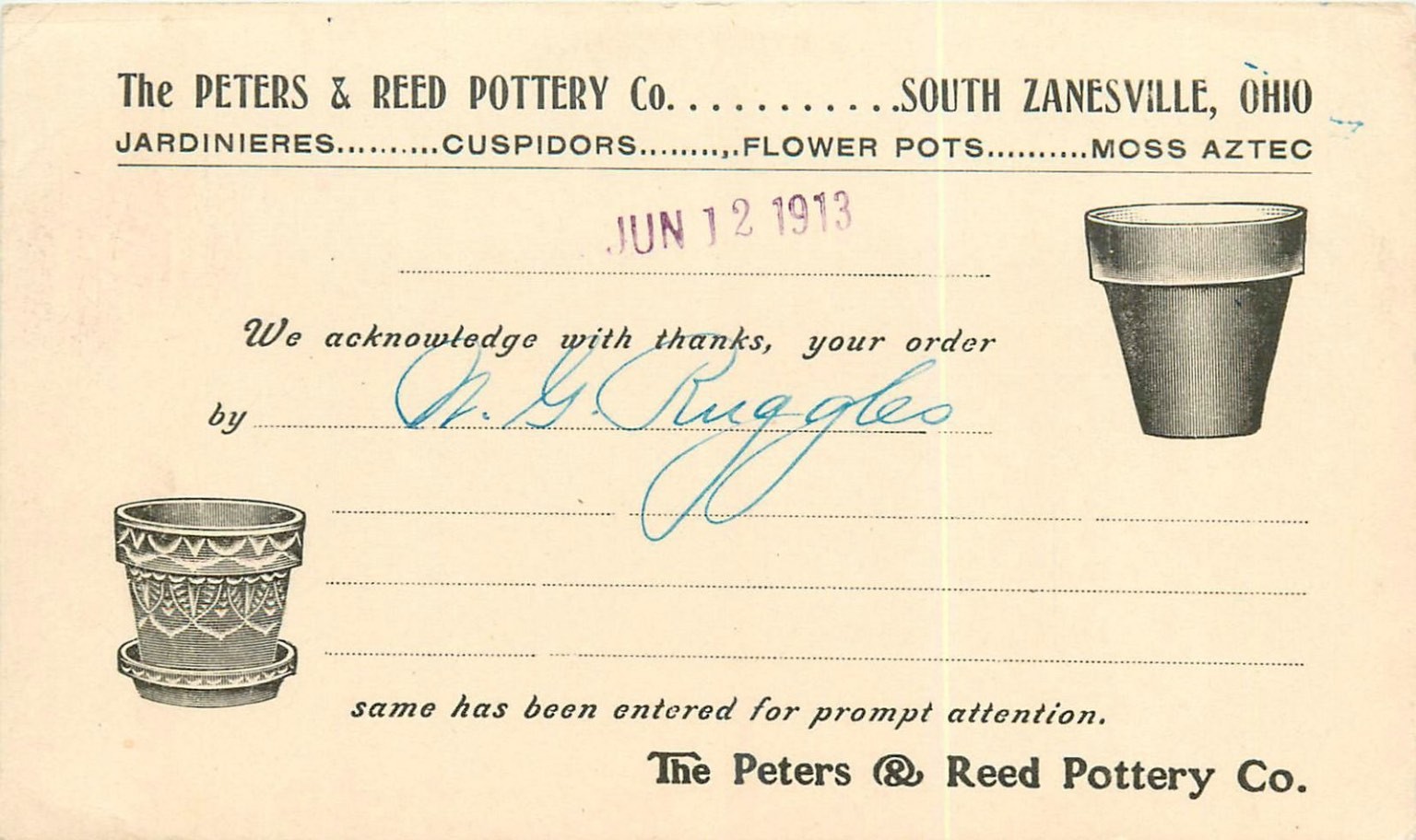1913 Peters & Reed Pottery Co. South Zanesville OH Advertising Postcard