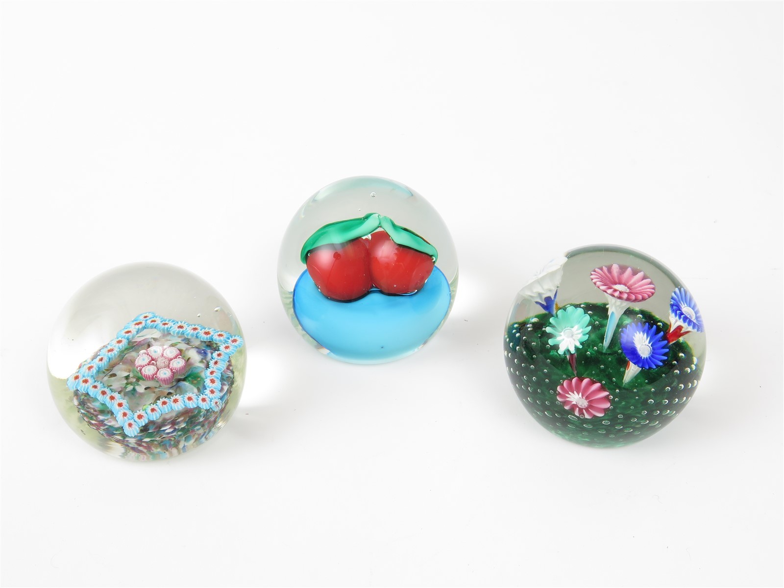 3 Fratelli Toso Murano Art Glass Paperweights Sulphide Cherry Trumpet Millefiori 3 Fratelli Toso Murano Art Glass Paperweights Sulphide Cherry Trumpet Millefiori