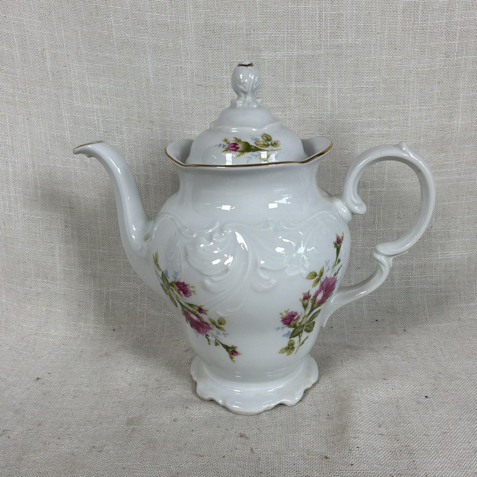 Vintage Wawel China Tea Pot White And Pink Floral Gold Rim 9” Made In Poland