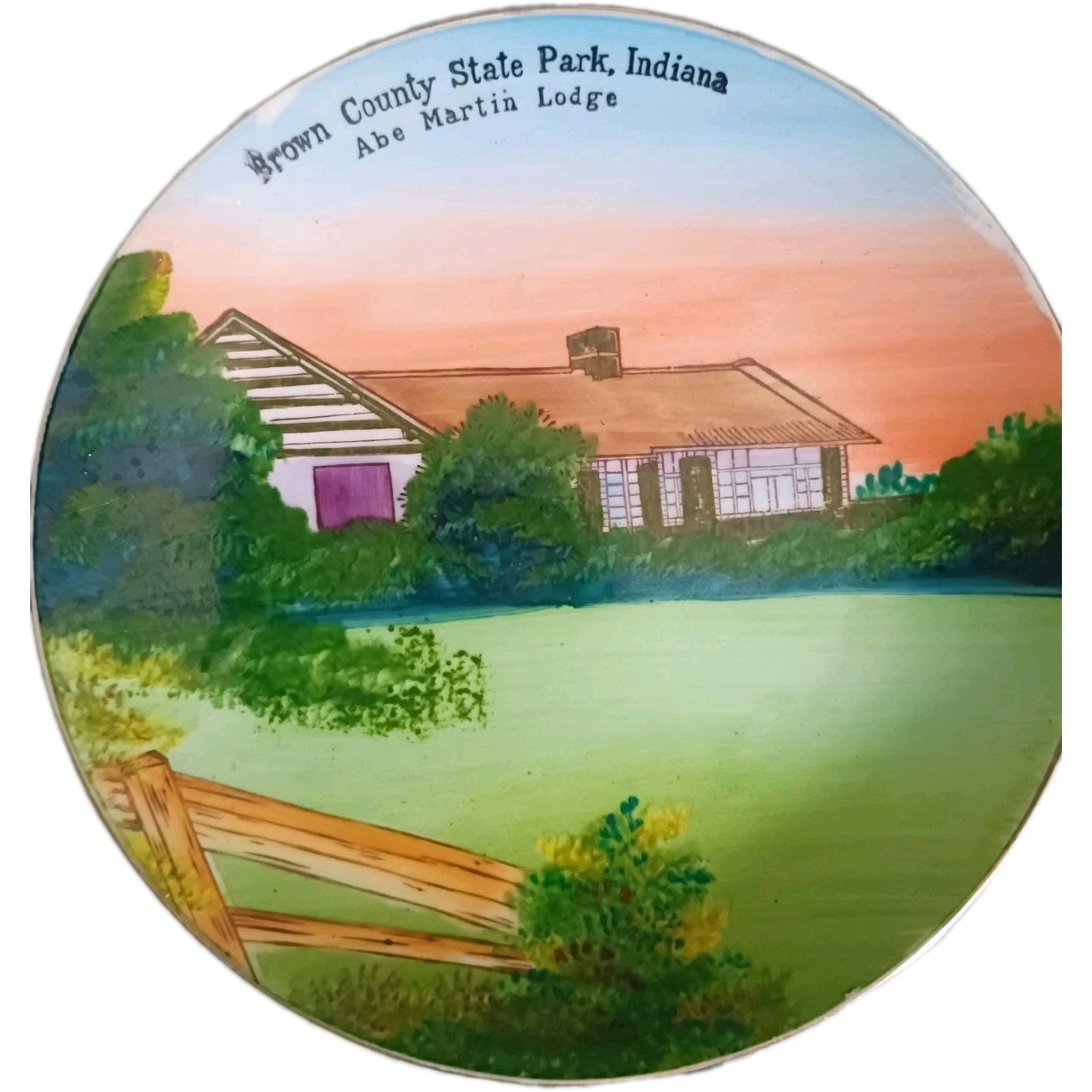 Hand Painted Brown County State Park Indiana Abe Glass Wall Plate Gold Rim Hngr Hand Painted Brown County State Park Indiana Abe Glass Wall Plate Gold Rim Hngr
