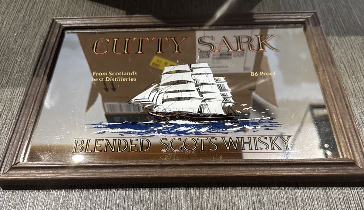 Vintage Cutty Sark Scotch Glass Mirror Sign Wood Frame Pub Bar Man Cave Vintage Cutty Sark Scotch Glass Mirror Sign Wood Frame Pub Bar Man Cave