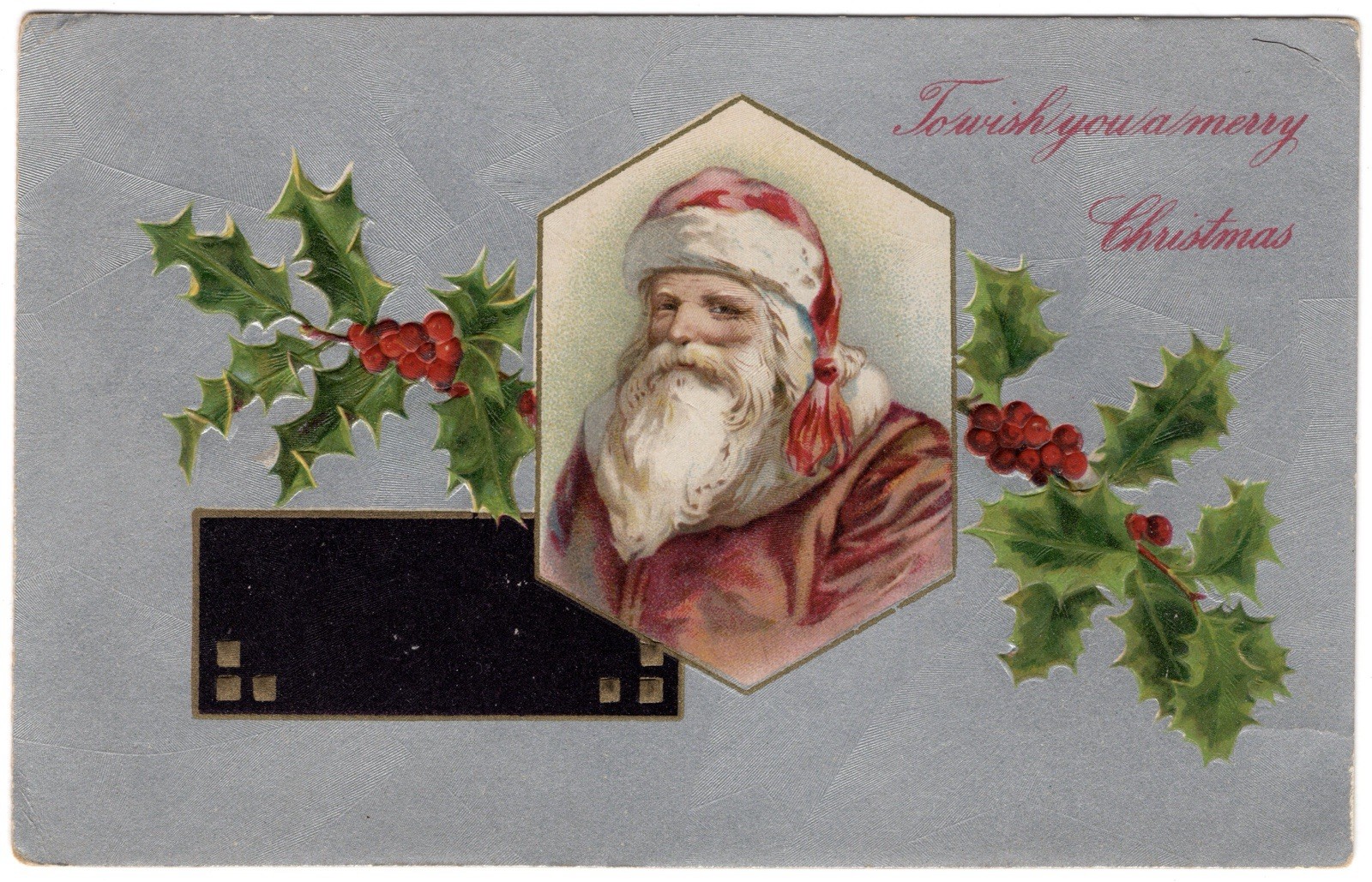 Antique Christmas Postcard featuring Santa Claus and Holly, likely by Winsch