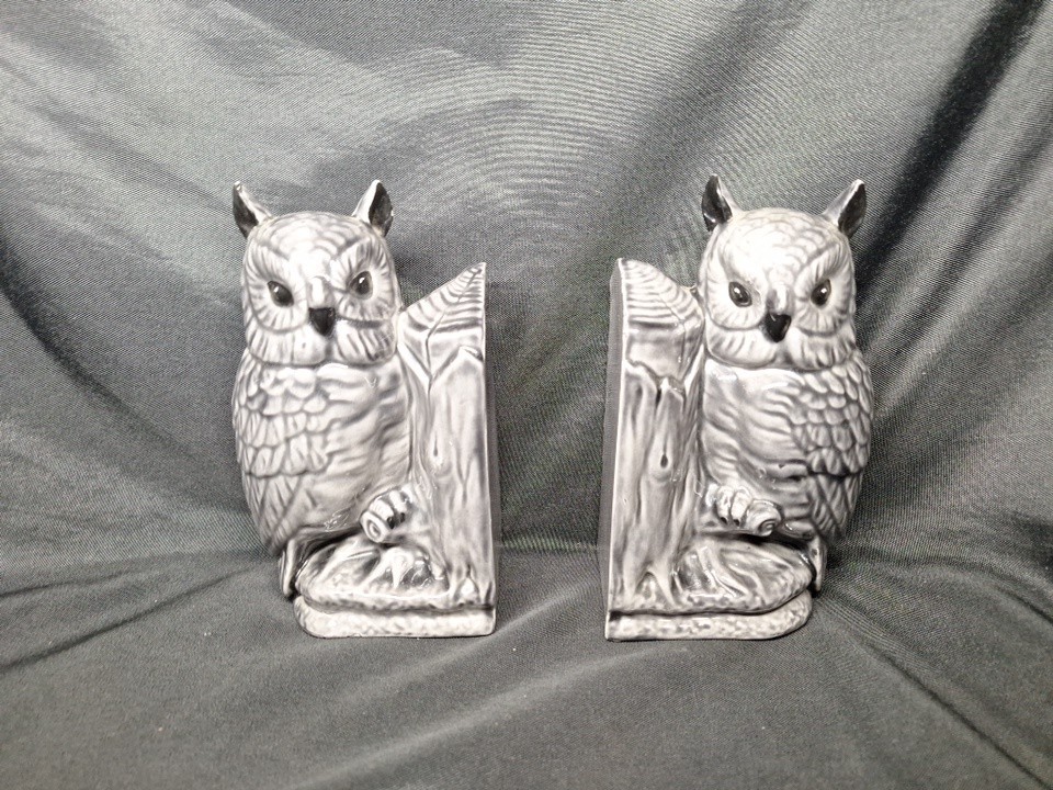 Vintage Pair Glazed Ceramic Gorgeous Gray Horned Owl Bookends 6.5