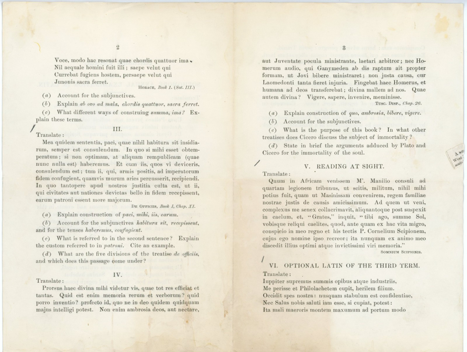 1883 Williams College Sophomore Latin Final Exam #KB 1883 Williams College Sophomore Latin Final Exam #KB