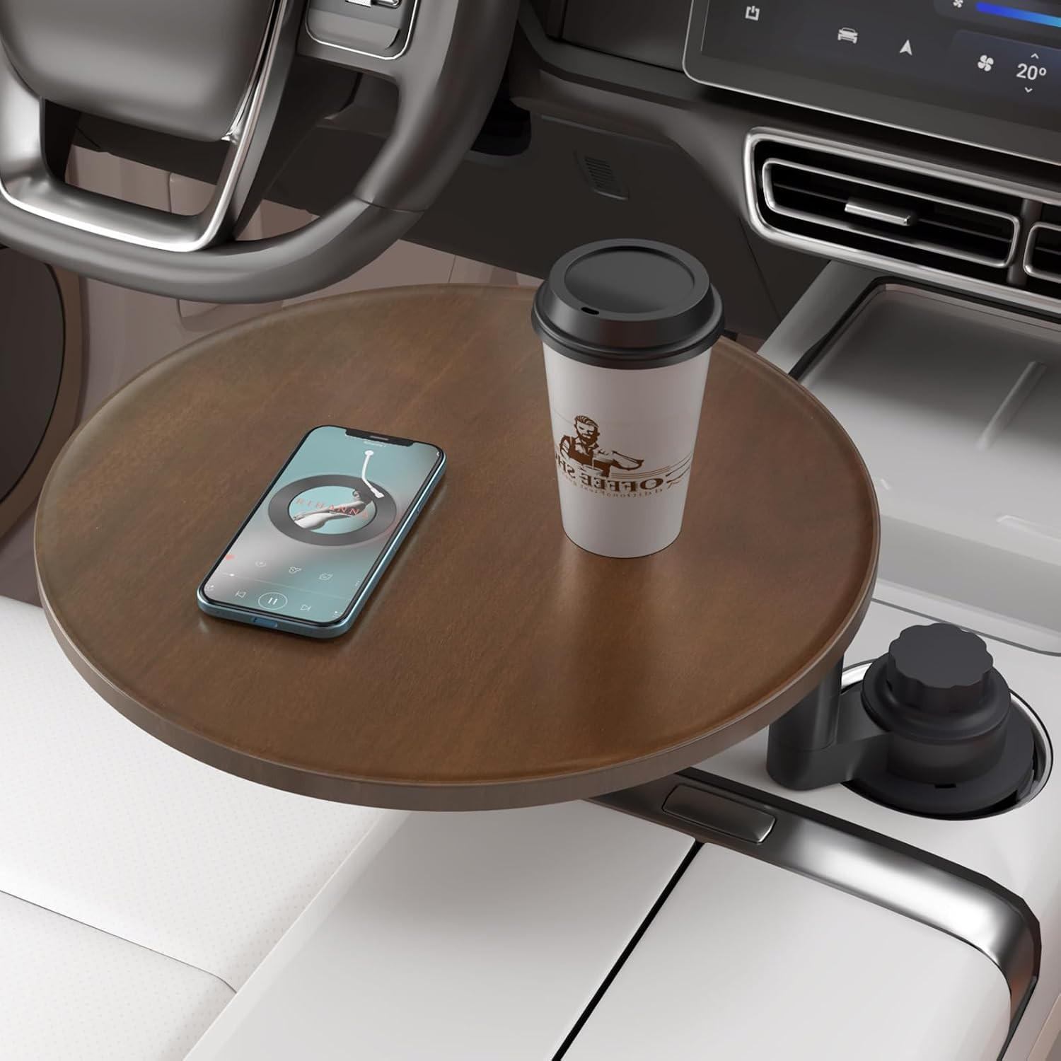 Car Tray & Car Desk for Laptop, 360° Rotating Wood Cup Holder Table, Steering Wh